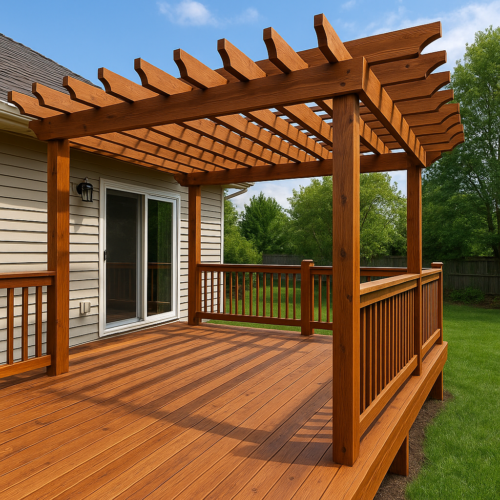 Cedar-stained deck with pergola built during a home remodeling project in Edmond, OK