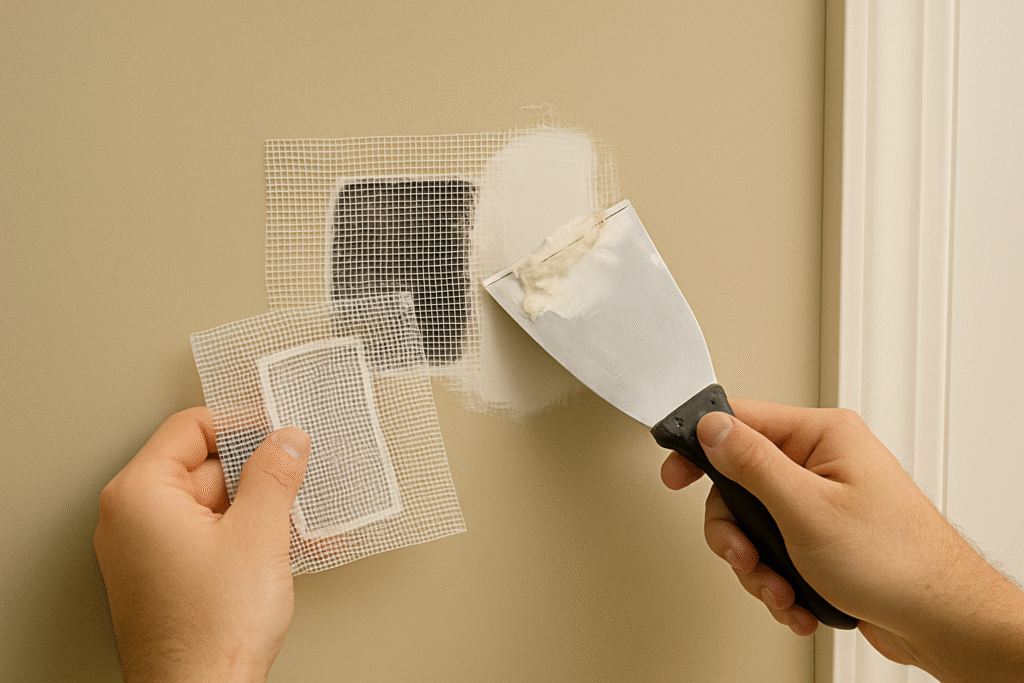 Close-up of drywall patch repair in progress during interior remodeling in Edmond, OK