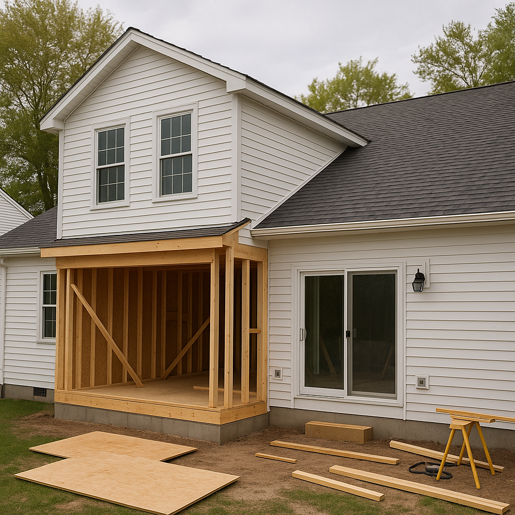 Home addition under construction in Edmond, OK with wood framing and white siding