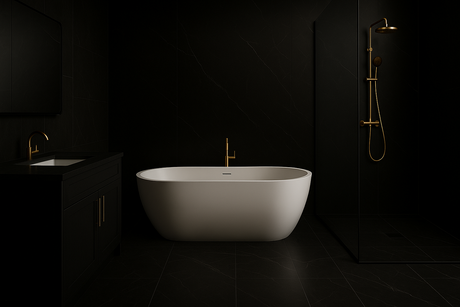 Luxury dark bathroom in Edmond with black marble tile, freestanding tub, gold hardware, and curb-less walk-in shower.