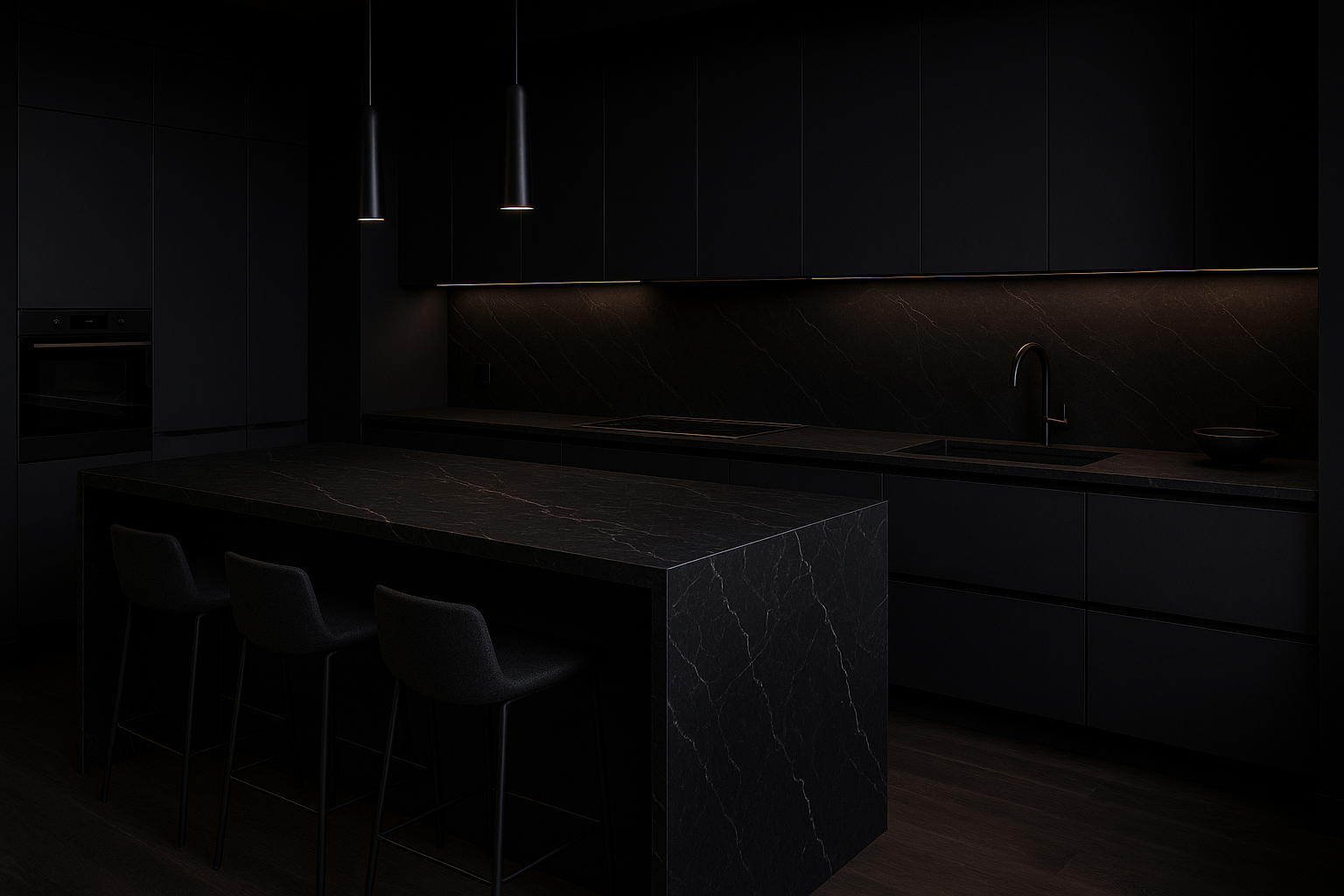 High-end dark kitchen remodel with black quartz waterfall island, black cabinets, and subtle wood accents in Edmond, OK