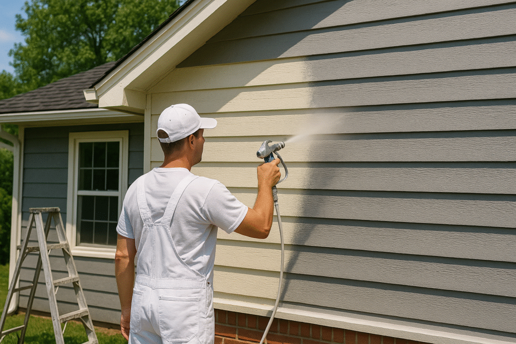 Painter using airless sprayer to paint house exterior in Edmond, OK.