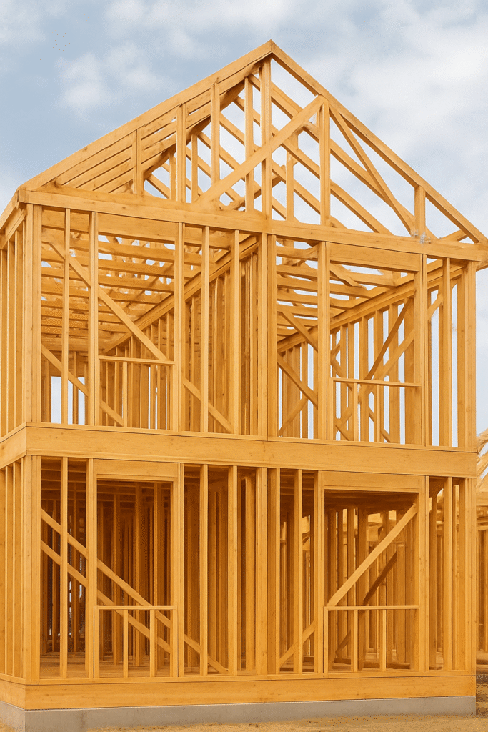 Wooden house framing under blue sky in Oklahoma