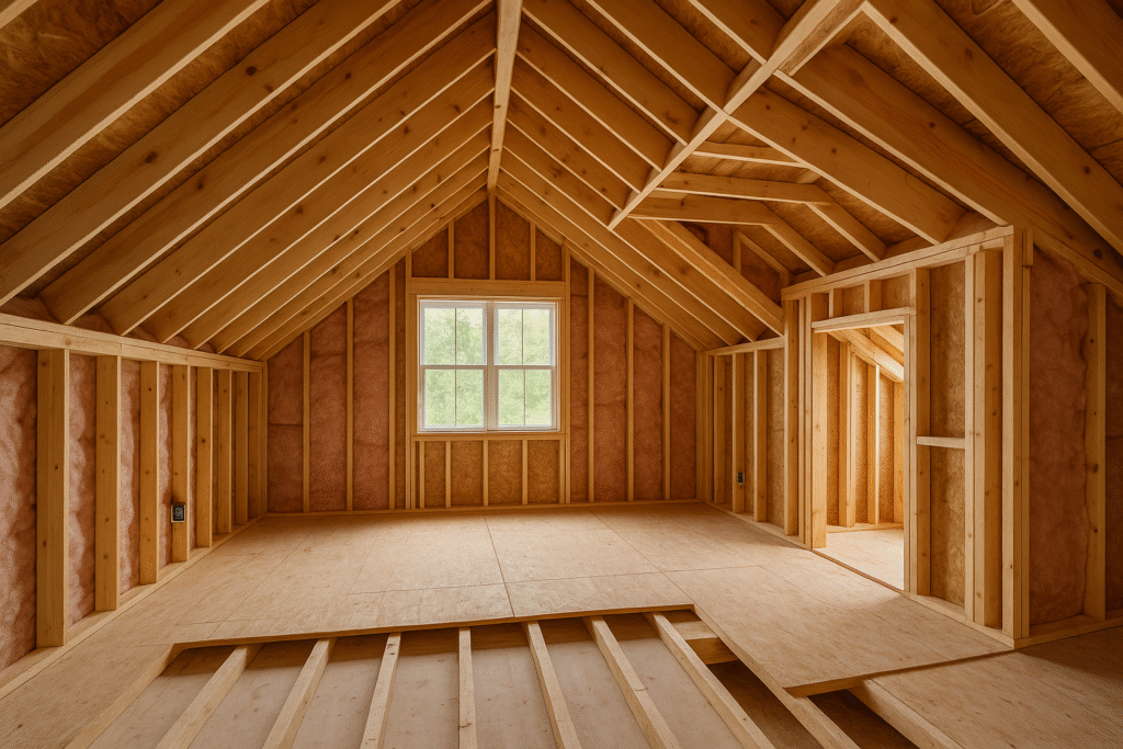 In-progress attic addition with framing and insulation under pitched roof
