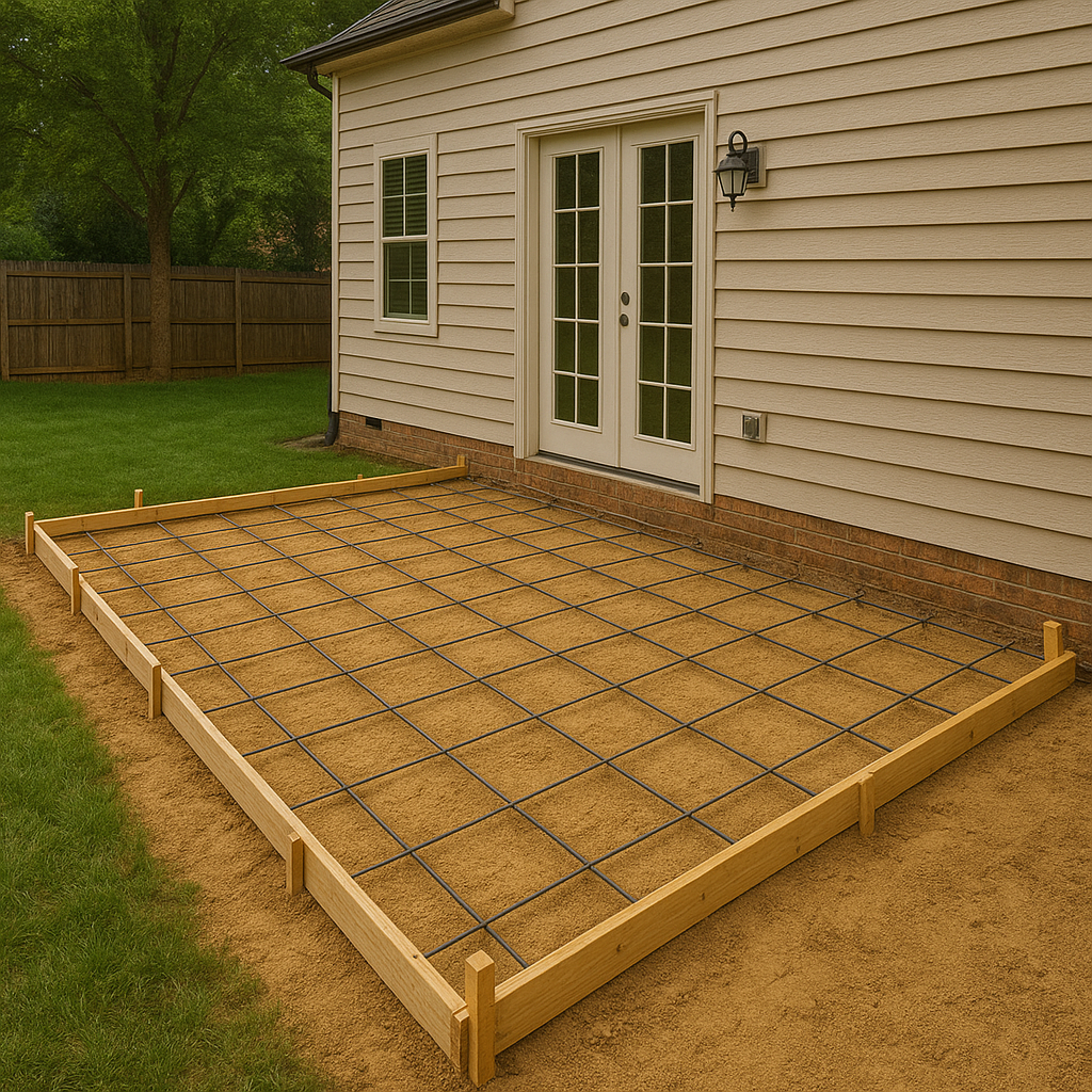 Side angle view of backyard concrete patio prep with rebar grid and wood framing