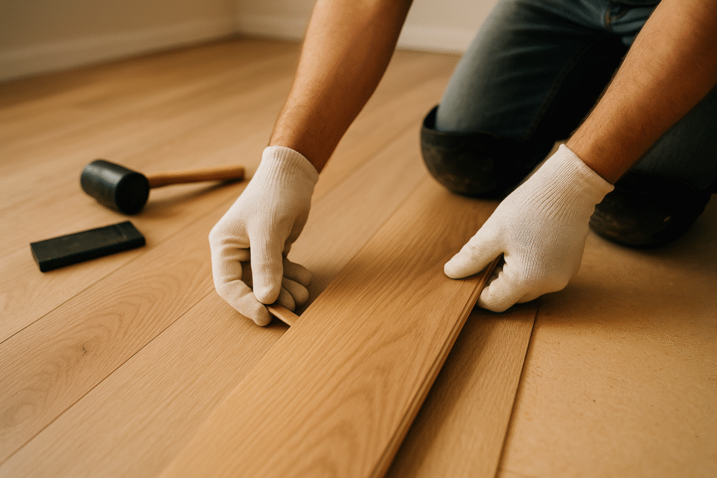 Close-up of hardwood plank being installed on subfloor by professional installer
