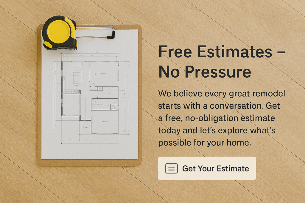 Clipboard with house floor plan and tape measure on wood floor promoting free remodeling estimates in Oklahoma City and Edmond.