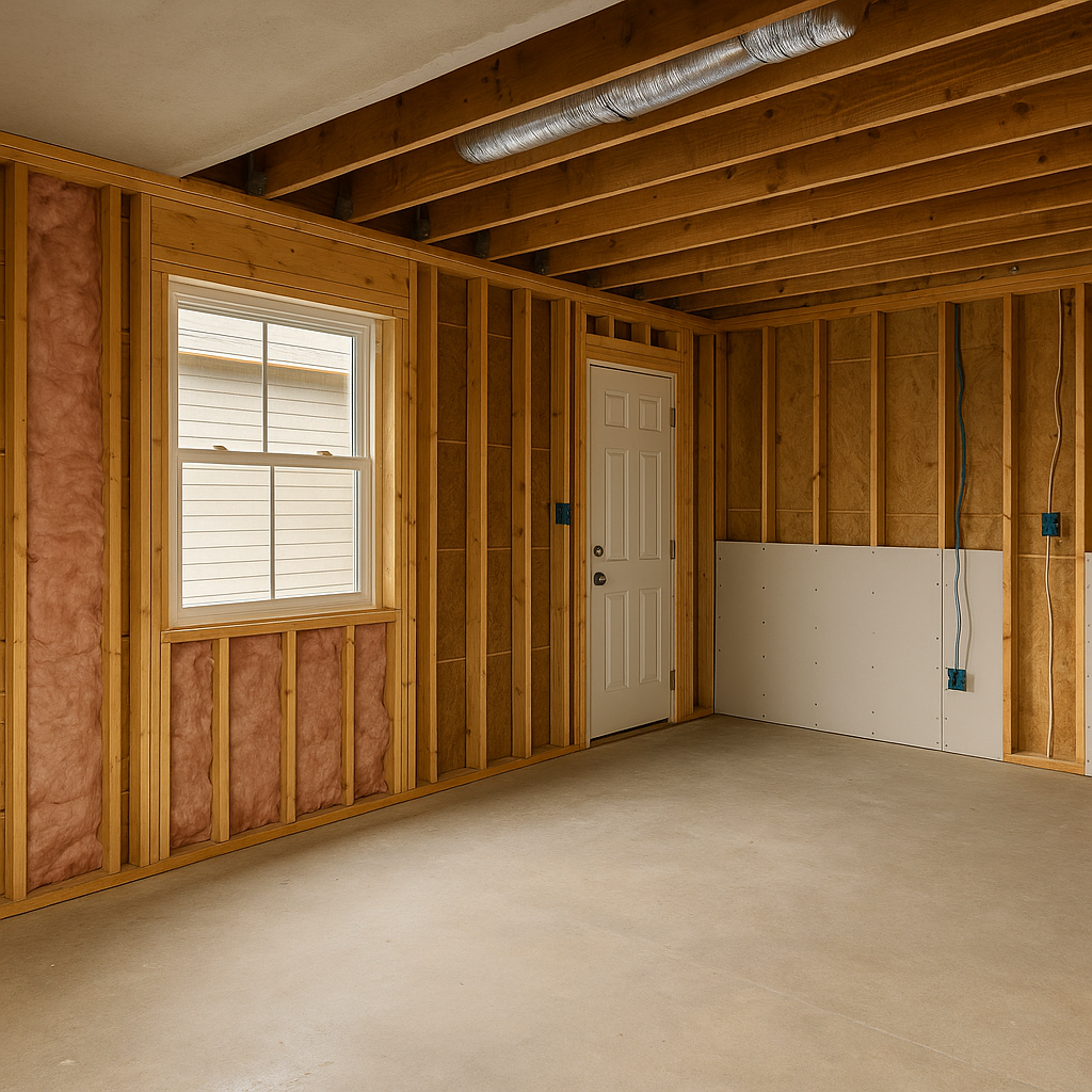 Garage in mid-conversion with framed walls, insulation, and partial drywall
