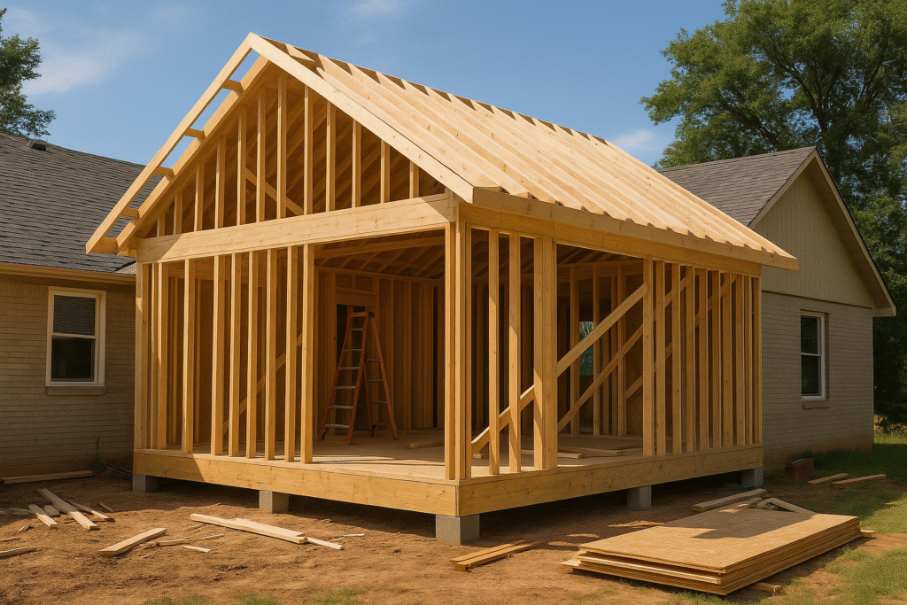 Framed home addition attached to existing house under daylight in Oklahoma