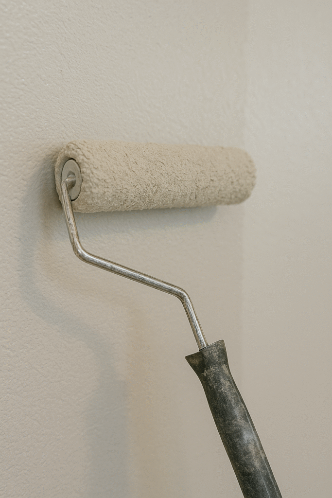 Close-up of paint roller applying light gray paint on an interior wall