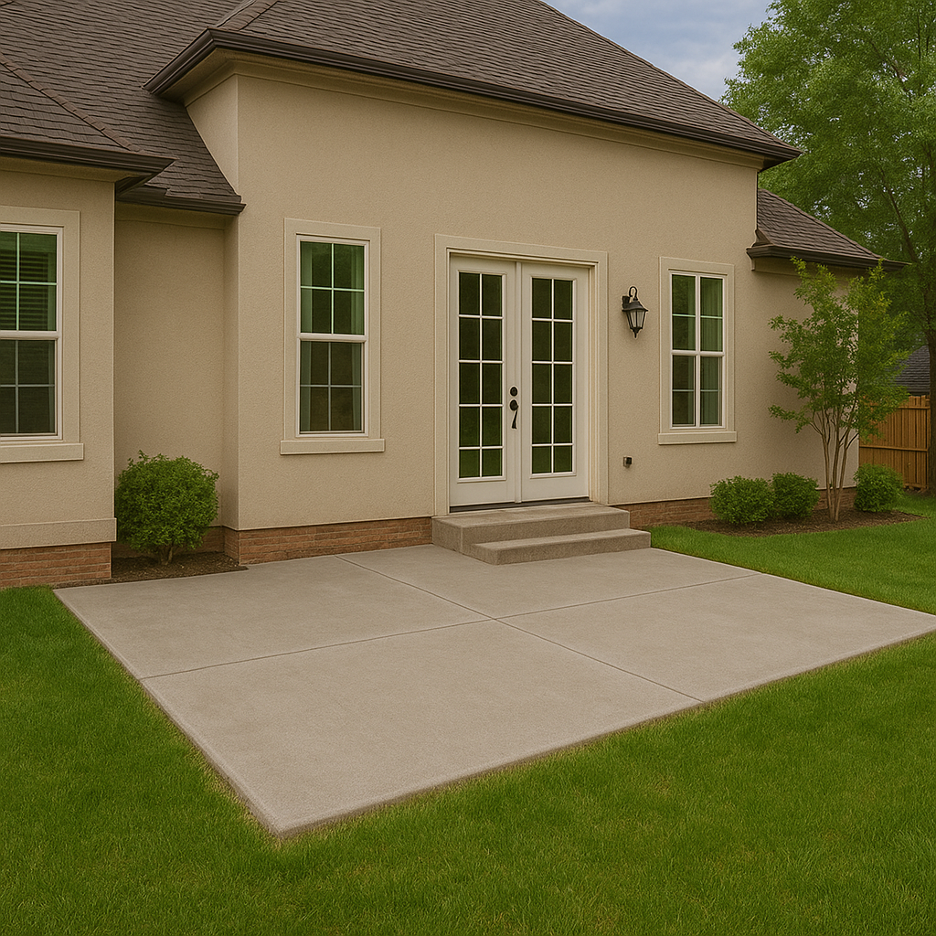 Concrete patio behind luxury two-story stucco house with French doors