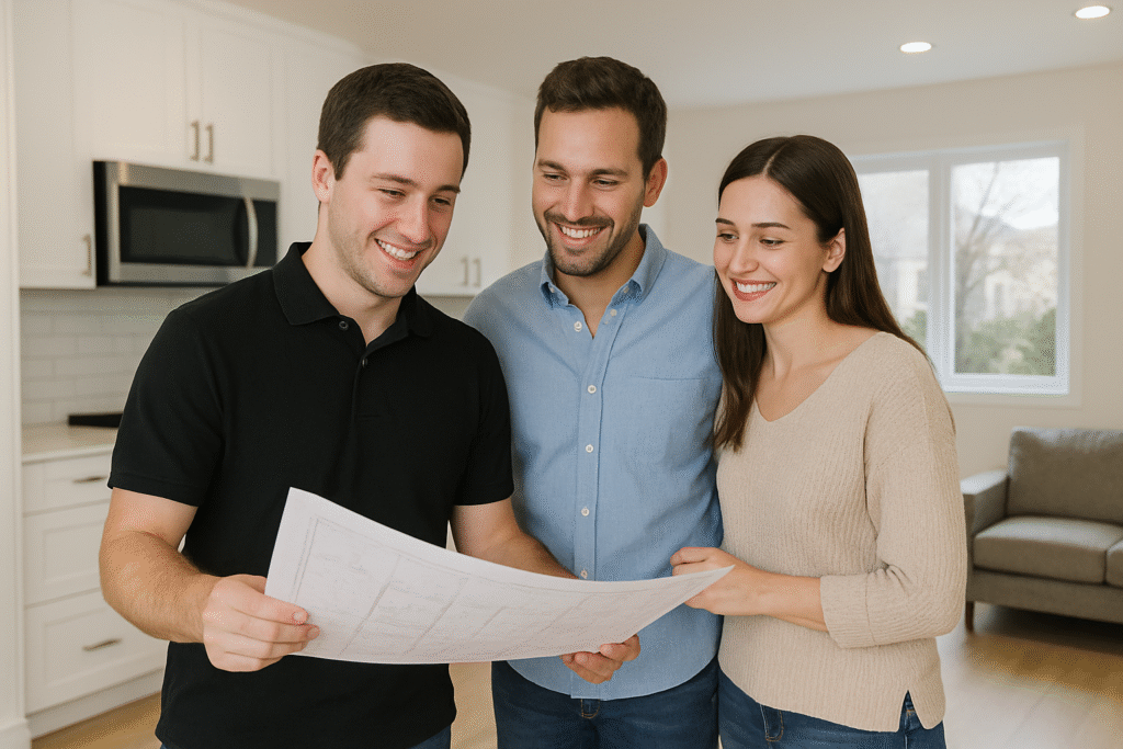 Remodeling contractor in black polo shirt reviewing blueprints with happy homeowners in newly renovated home – Edmond home remodeling company.
