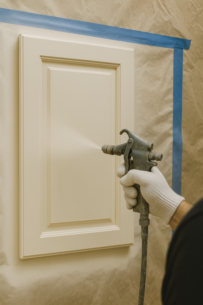 Close-up of cabinet door being spray painted with a fine finish in Oklahoma City