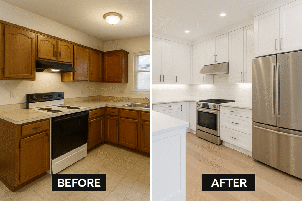 Before and after kitchen remodel showing transformation from outdated cabinets to a modern white kitchen with stainless steel appliances – Oklahoma City remodeling contractor example.