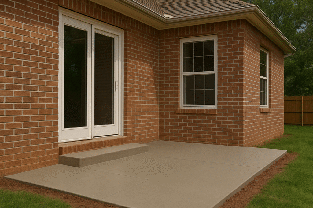 Wide view of a completed concrete patio behind a red brick house