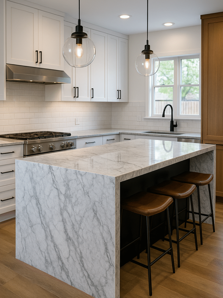 Waterfall quartz island countertop installation in Oklahoma City with white shaker cabinets and pendant lights.