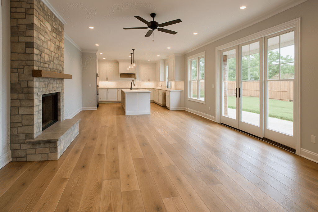 Wide-plank hardwood flooring installation in Edmond living room with natural light and modern decor.