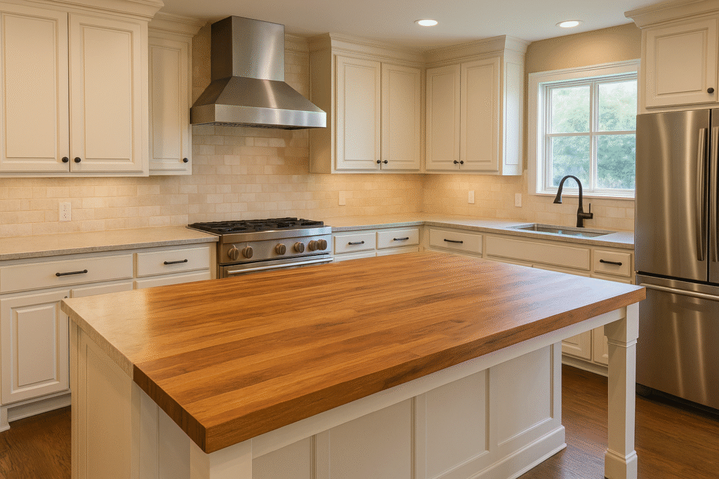 Norman kitchen with butcher block island and stone perimeter countertops in Brookhaven neighborhood.