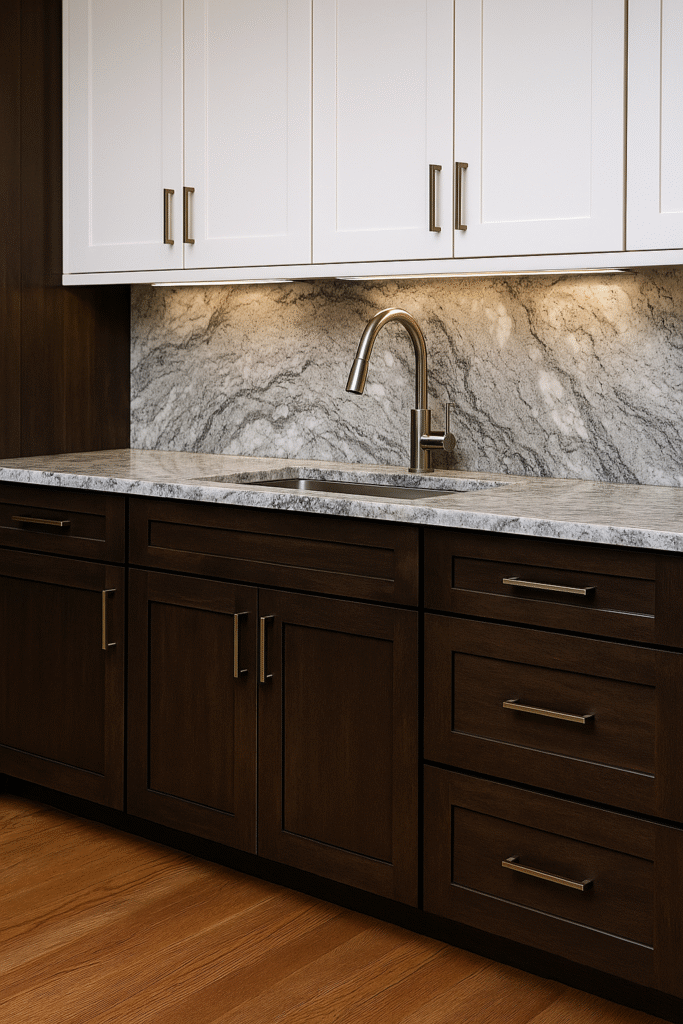 Oklahoma City granite countertops with full-height backsplash and dark wood cabinetry.
