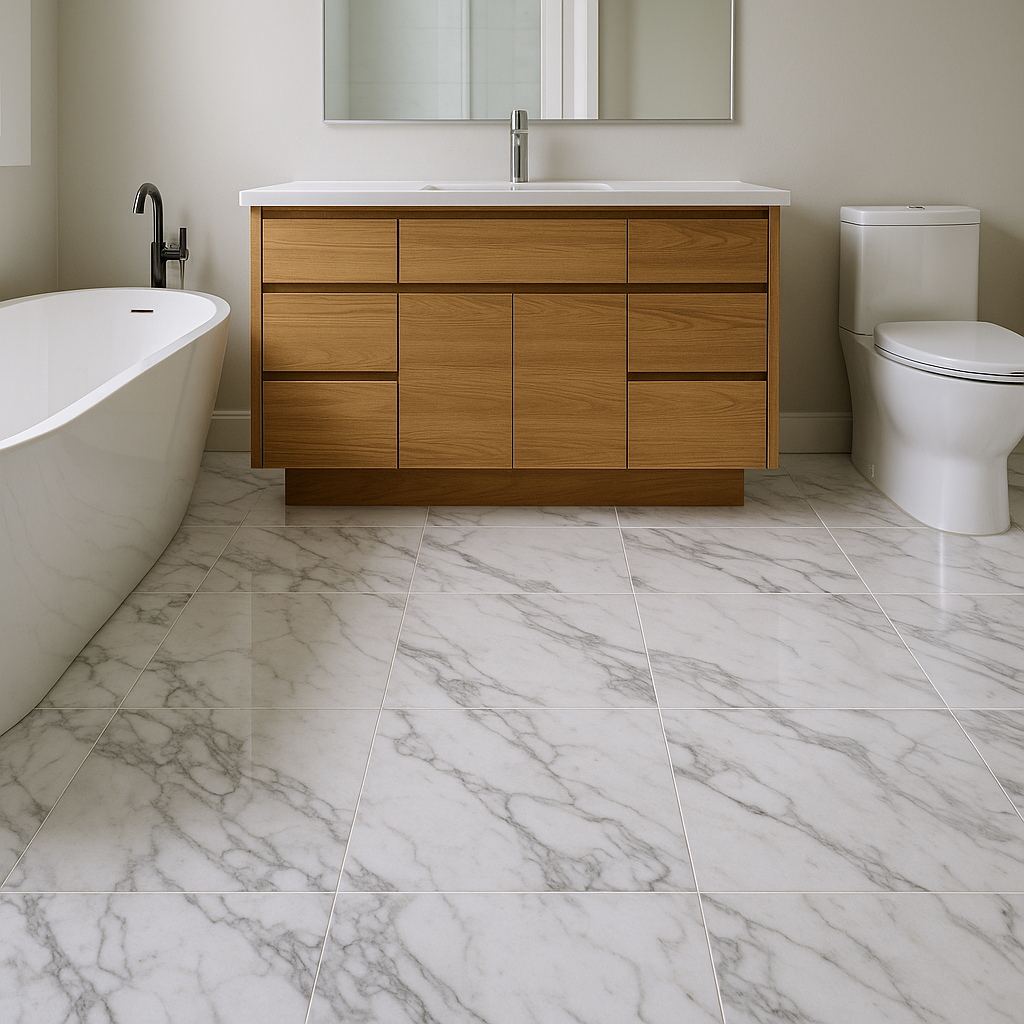 Oklahoma City marble tile bathroom flooring with soft gray veining