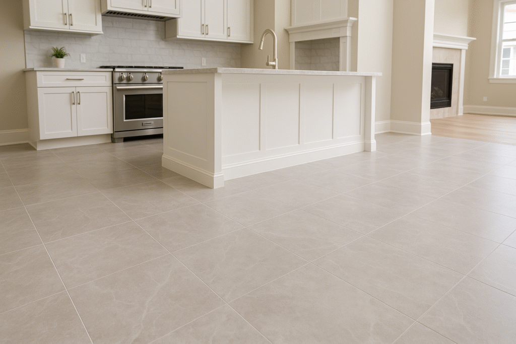 Oklahoma City kitchen with light gray quartz-style porcelain tile flooring and white shaker island.