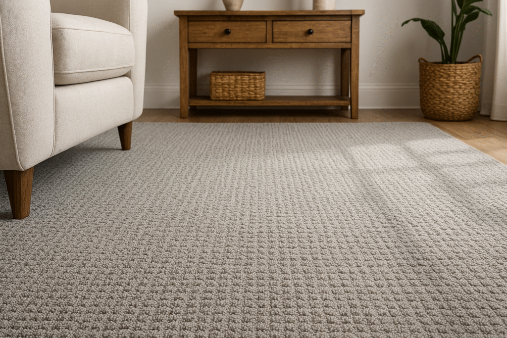 Oklahoma City textured gray carpet installation in a cozy living space with natural light.