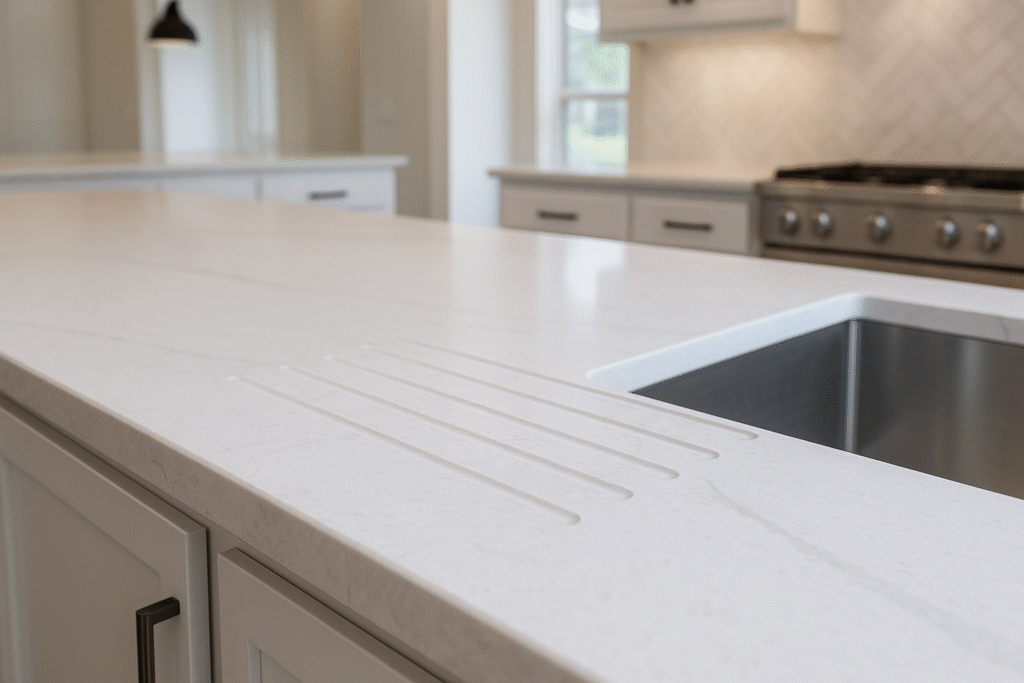 White quartz countertop with integrated drain grooves in a Yukon Surrey Hills kitchen.
